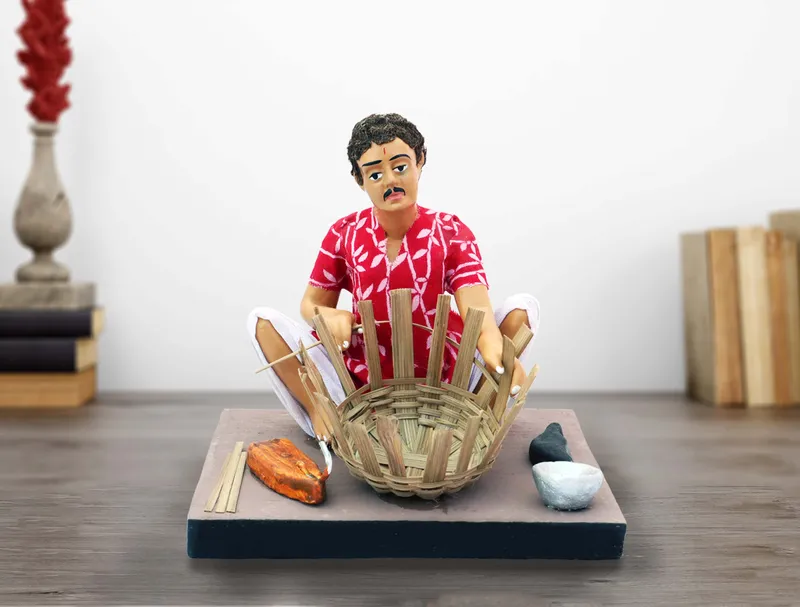 Basket Maker - Man - Handmade Terracotta Clay Figurine | Basic Sitting Human Figure Idol