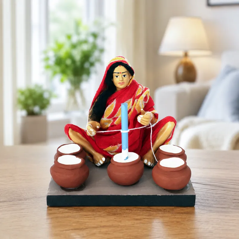 Butter-Churning Woman - Handmade Terracotta Clay Figurine | Basic Sitting Human Figure Idol