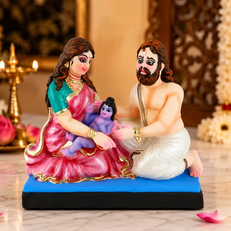 Devaki and Vasudev with Baby Krishna - Clay Terracotta Idol | Spiritual and Cultural Art