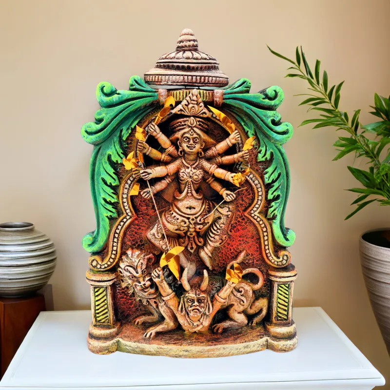 Devi Durga with Lion & Demon | Handmade Terracotta Clay Figurine | Abstract Terracotta Showpieces