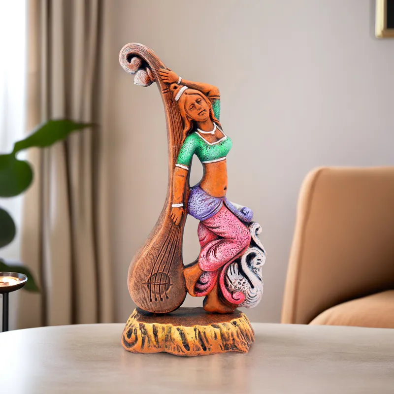 Devi Saraswati - Orange Shade | Handmade Terracotta Clay Figurine | Abstract Terracotta Showpieces