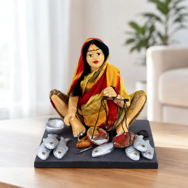 Fish Seller - Handmade Terracotta Clay Figurine | Basic Sitting Human Figure Idol