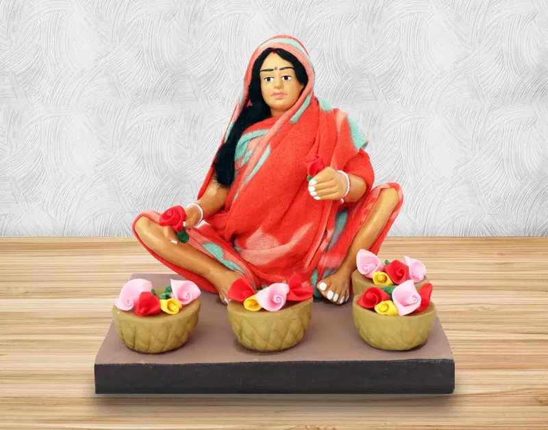 Flower Seller - Handmade Terracotta Clay Figurine | Basic Sitting Human Figure Idol
