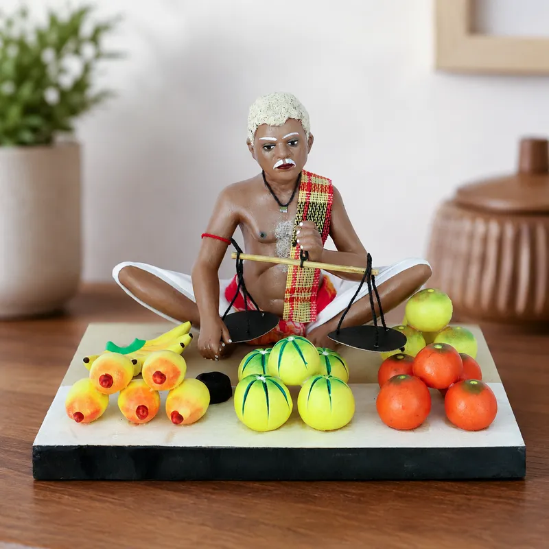 Fruit Seller - Handmade Terracotta Clay Figurine | Standard Sitting Human Figure Idol