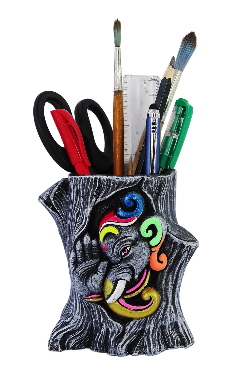 Ganesha - Terracotta Pen Stand | Handmade Clay Desk Décor | Tree Trunk Grey