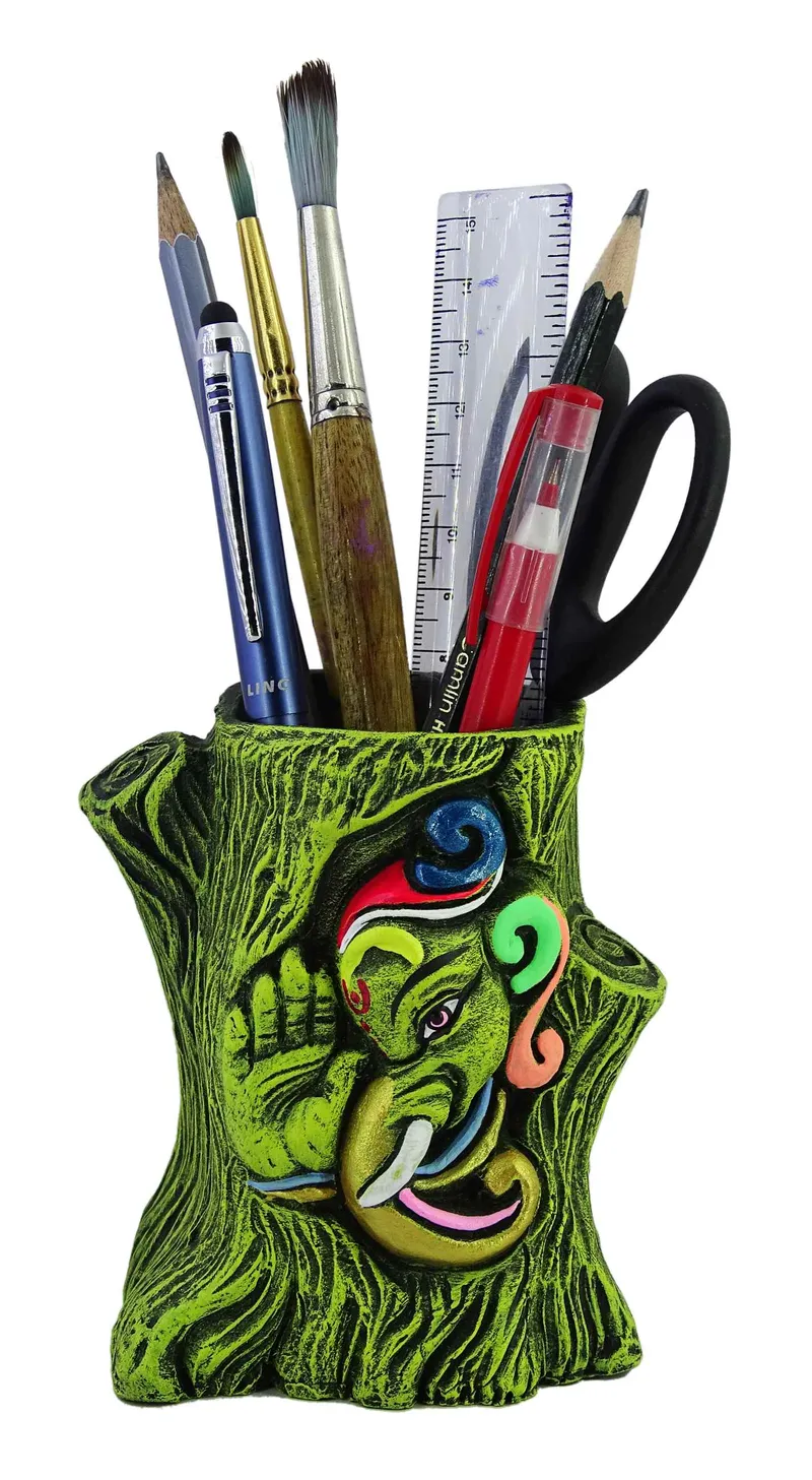 Ganesha - Terracotta Pen Stand | Handmade Clay Desk Décor | Tree Trunk Lime