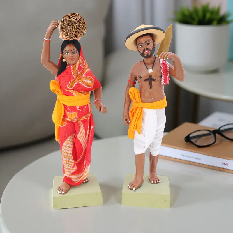 Indian Farmer Couple - Set of 2 | Handmade Terracotta Clay Figurine | Standing Human Figure Idols