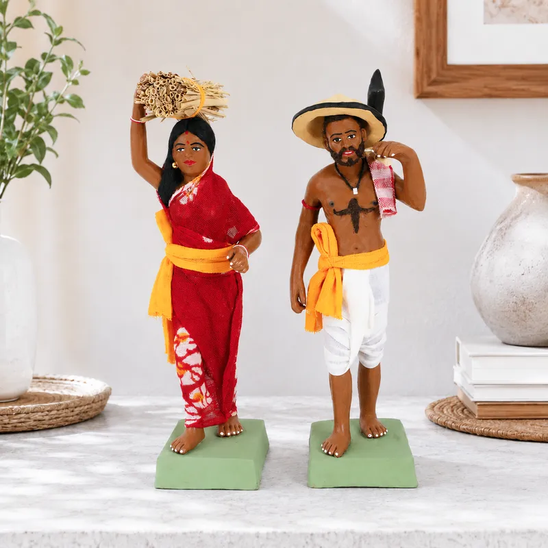 Indian Farmer Couple - Set of 2 | Handmade Terracotta Clay Figurine | Standing Human Figure Idols