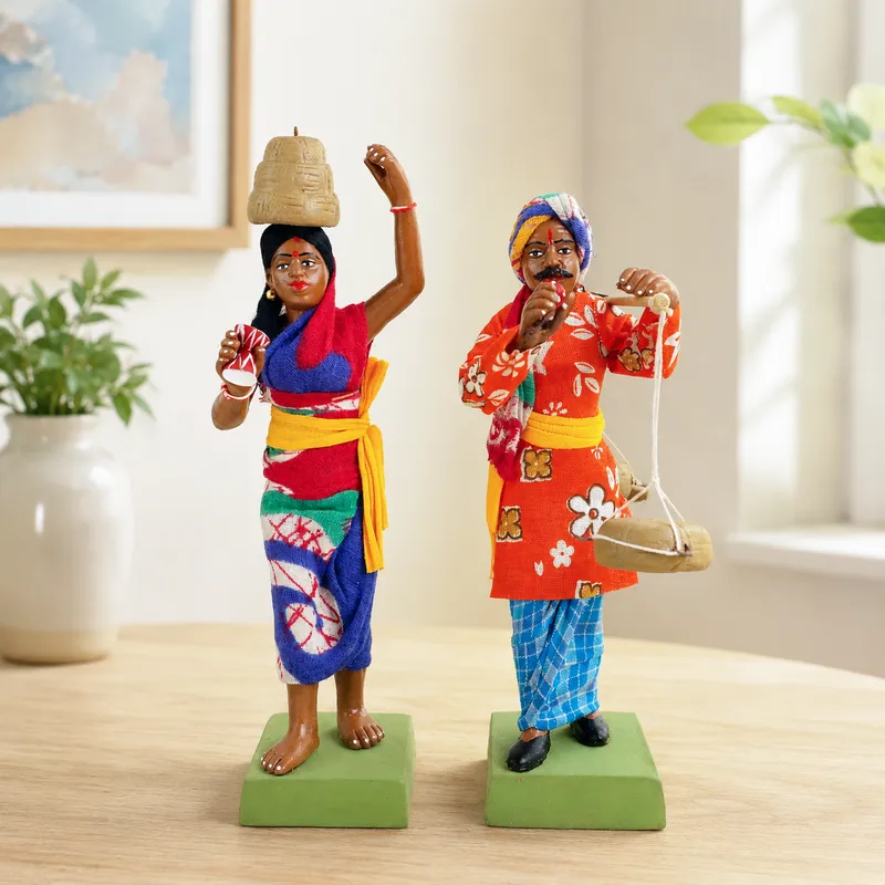 Indian Snake Charmer - Set of 2 | Handmade Terracotta Clay Figurine | Standing Human Figure Idols
