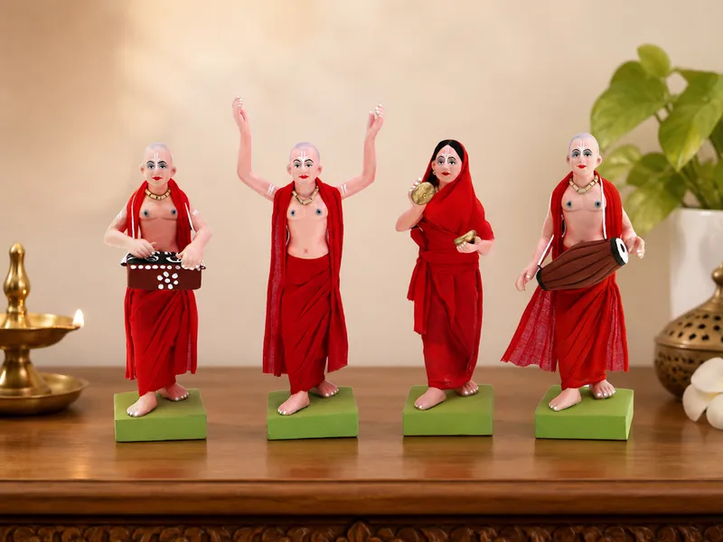 ISKCON Nagar Kirtan - Set of 4 -Red | Handmade Terracotta Clay Figurine | Standing Human Figure Idols