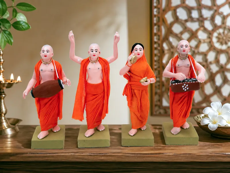 ISKCON Sankirtan Mandali - Set of 4 -Orange | Handmade Terracotta Clay Figurine | Standing Human Figure Idols