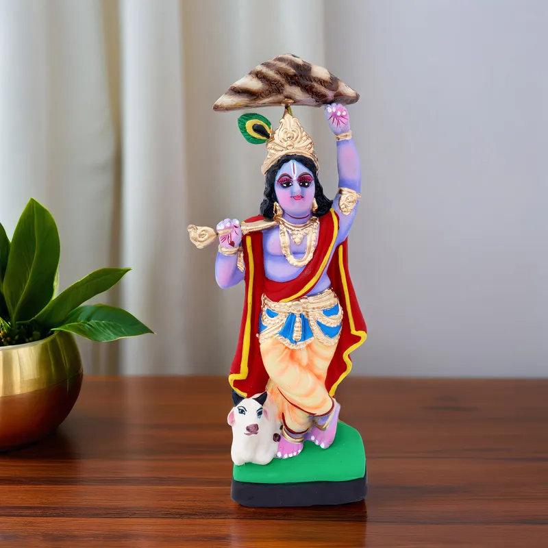 Krishna Lifting Govardhan Parbat - Clay Terracotta Idol | Spiritual and Cultural Art