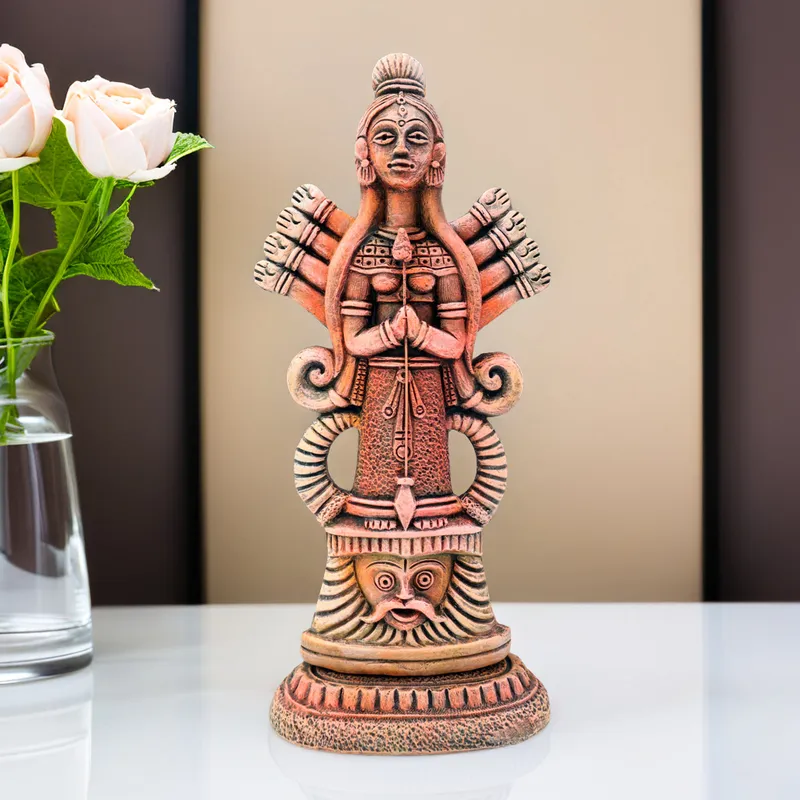 Mahishasuramardini Durga - Orange Shade | Handmade Terracotta Clay Figurine | Abstract Terracotta Showpieces