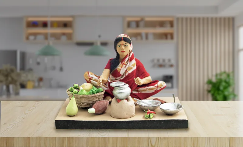 Mother's Hand Cooking - Handmade Terracotta Clay Figurine | Standard Sitting Human Figure Idol