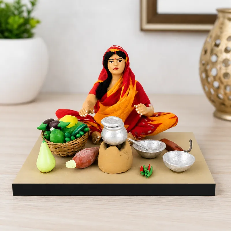 Mother's Hand Cooking - Handmade Terracotta Clay Figurine | Standard Sitting Human Figure Idol