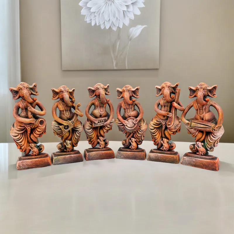 Musical Ganesha - Orange Shade | Handmade Terracotta Clay Figurine | Abstract Terracotta Showpieces