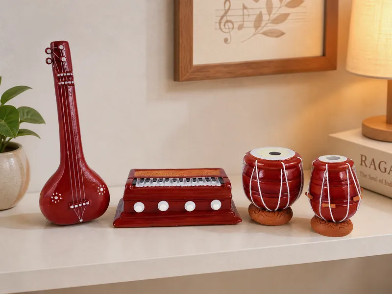 Musical Instrument Miniature Set - Handmade Terracotta Clay | Tanpura Harmonium Tabla Bayan