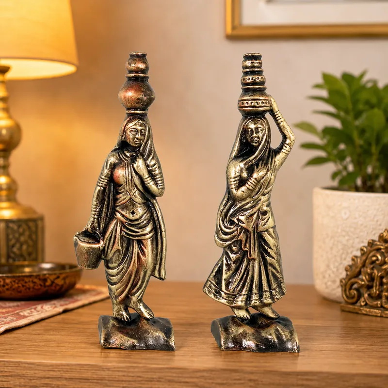 Rajasthani Women - Metallic Golden | Handmade Terracotta Clay Figurine | Abstract Terracotta Showpieces