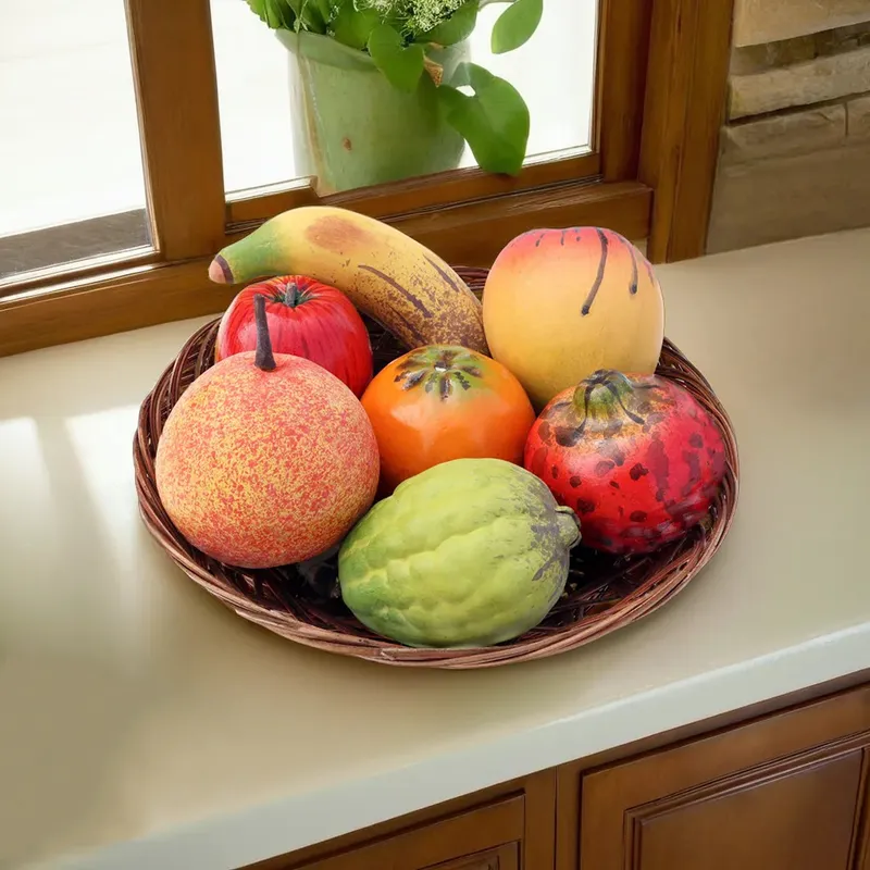 Real-Size Terracotta Fruit (Set of 7 + 1 Basket) - Handmade Clay Showpiece & Photography Prop