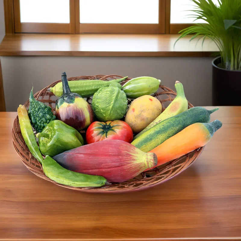 Real-Size Terracotta Vegetable (Set of 14 + 1 Basket) - Handmade Clay Showpiece & Photography Prop