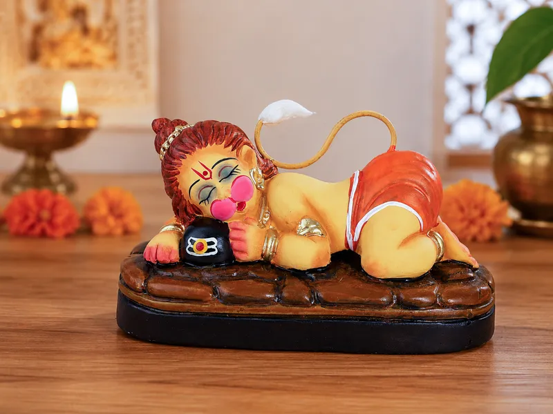 Sleeping Bal Hanuman - Hugging Shivling Clay Terracotta Idol | Spiritual and Cultural Art