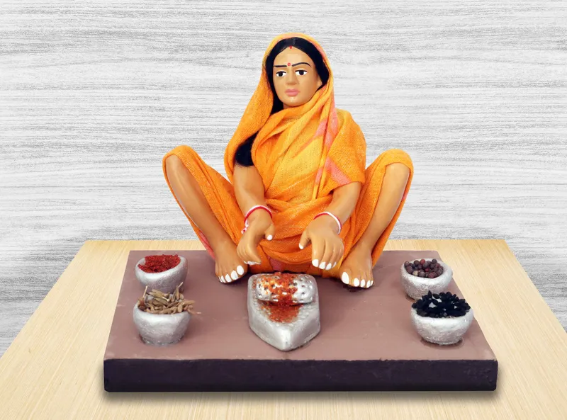 Spice-Grinding Woman - Handmade Terracotta Clay Figurine | Basic Sitting Human Figure Idol