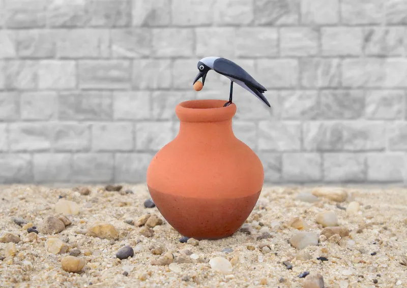 Thirsty Clever Crow |Handmade Terracotta Miniature Figurine | Clay Pot Story Showpiece