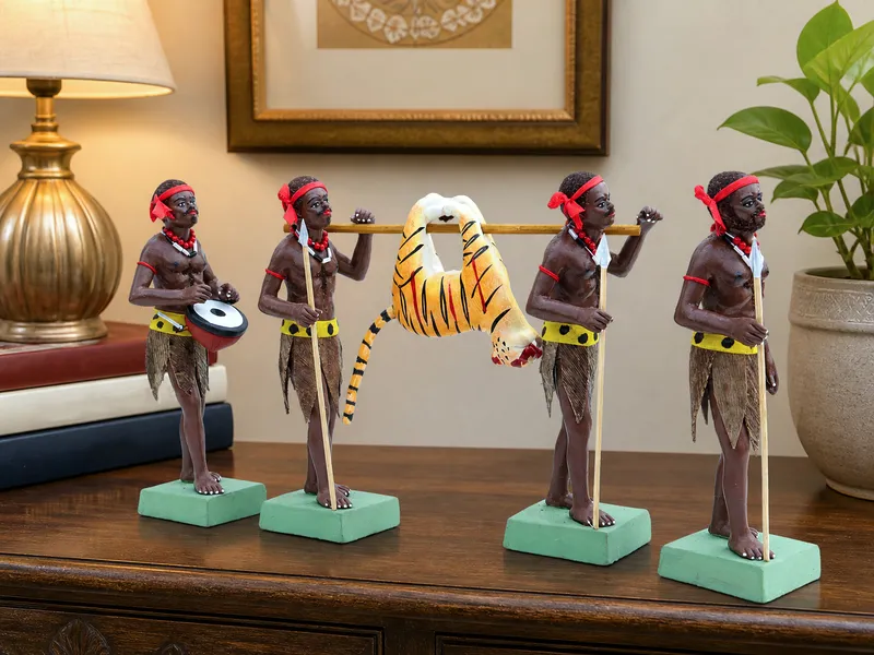 Tribal Tiger Hunter Group - Set of 5 | Handmade Terracotta Clay Figurine | Standing Human Figure Idols