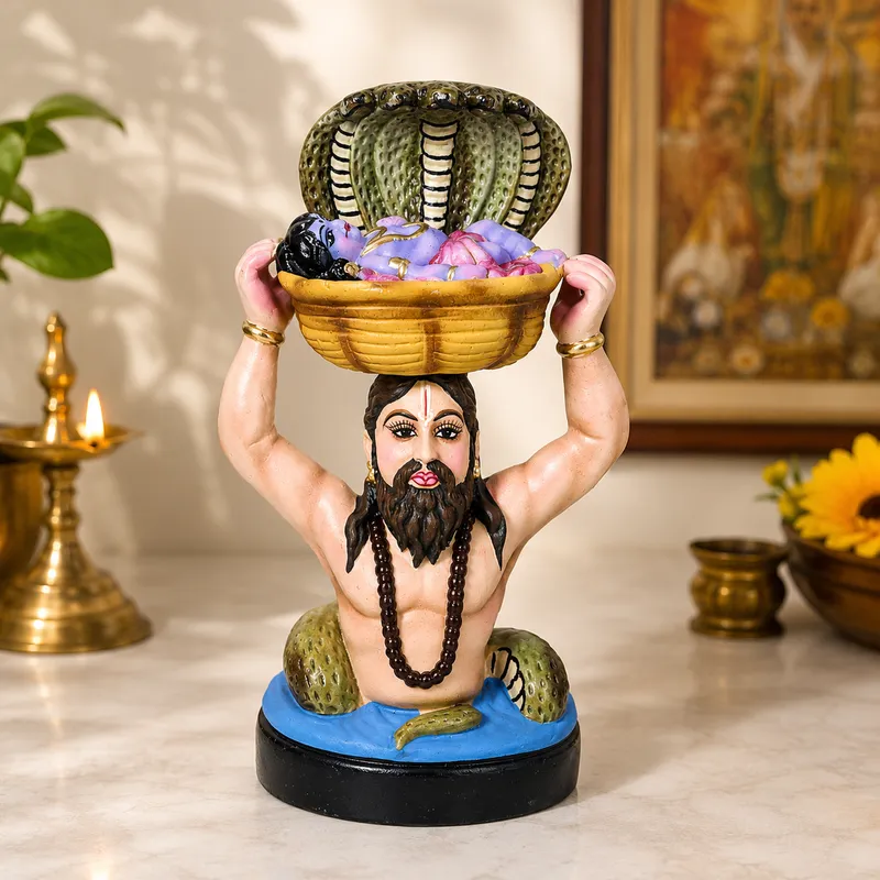 Vasudev & Krishna Crossing The Yamuna with Sheshnag - Clay Terracotta Idol | Spiritual and Cultural Art