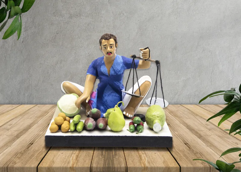 Vegetable Seller - Handmade Terracotta Clay Figurine | Basic Sitting Human Figure Idol