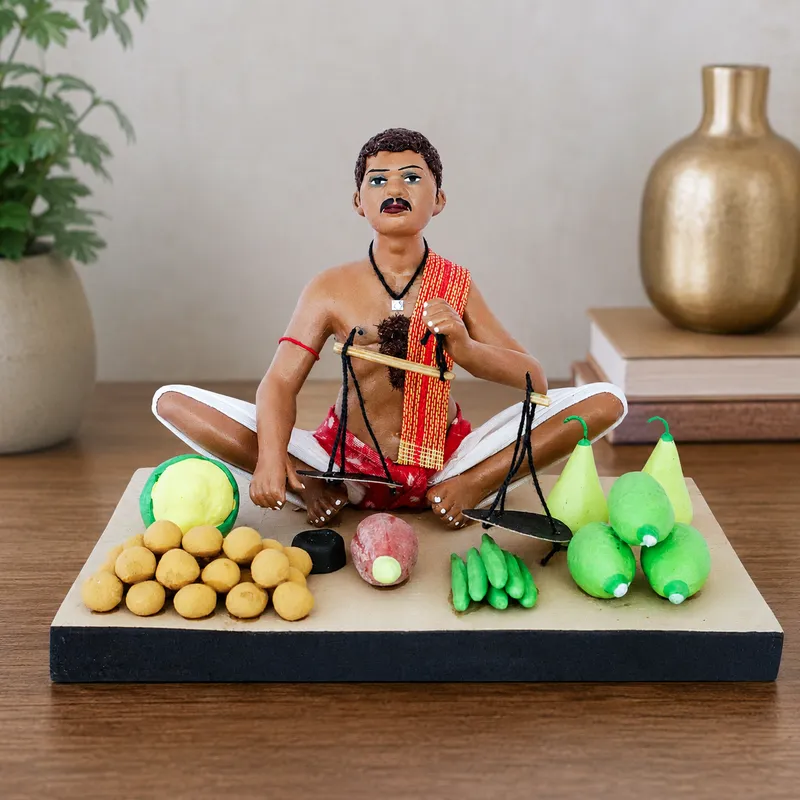 Vegetable Seller - Handmade Terracotta Clay Figurine | Standard Sitting Human Figure Idol