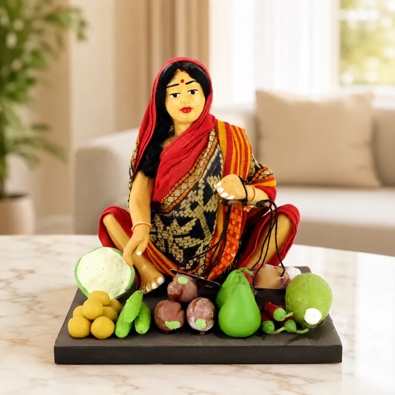 Vegetable Seller - Woman - Handmade Terracotta Clay Figurine | Basic Sitting Human Figure Idol
