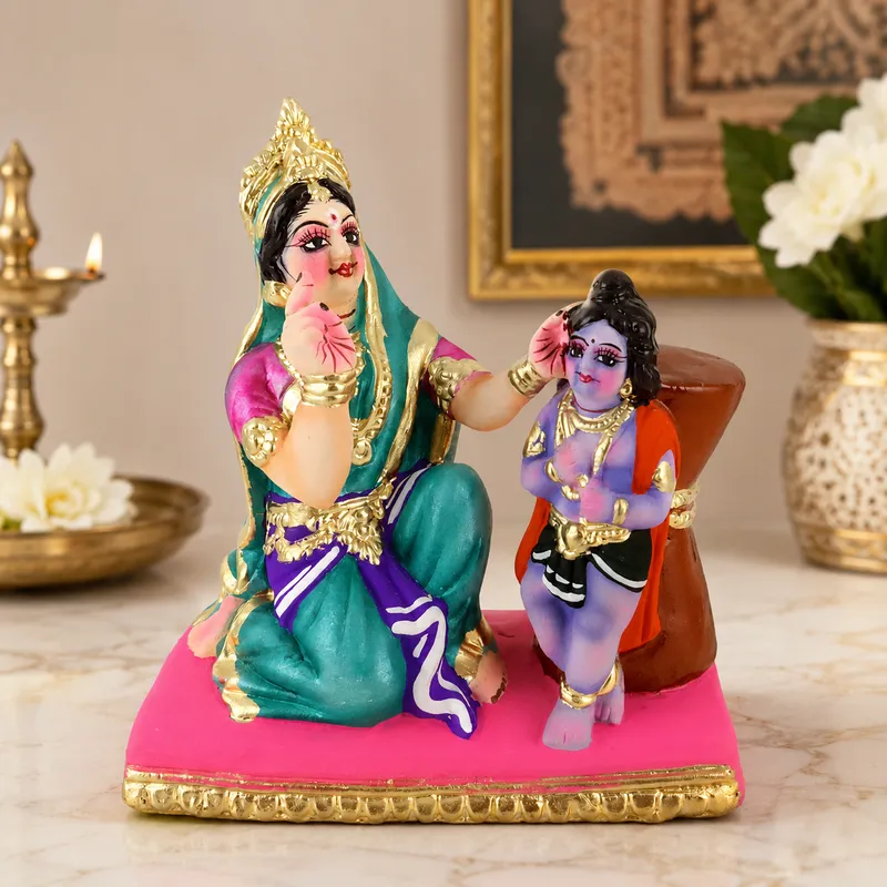 Yasoda Punishing Krishna for Butter Theft - Clay Terracotta Idol | Spiritual and Cultural Art