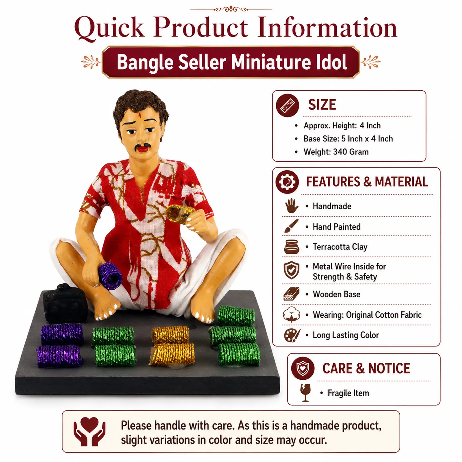 Bangle Seller - Man - Handmade Terracotta Clay Figurine | Basic Sitting Human Figure Idol