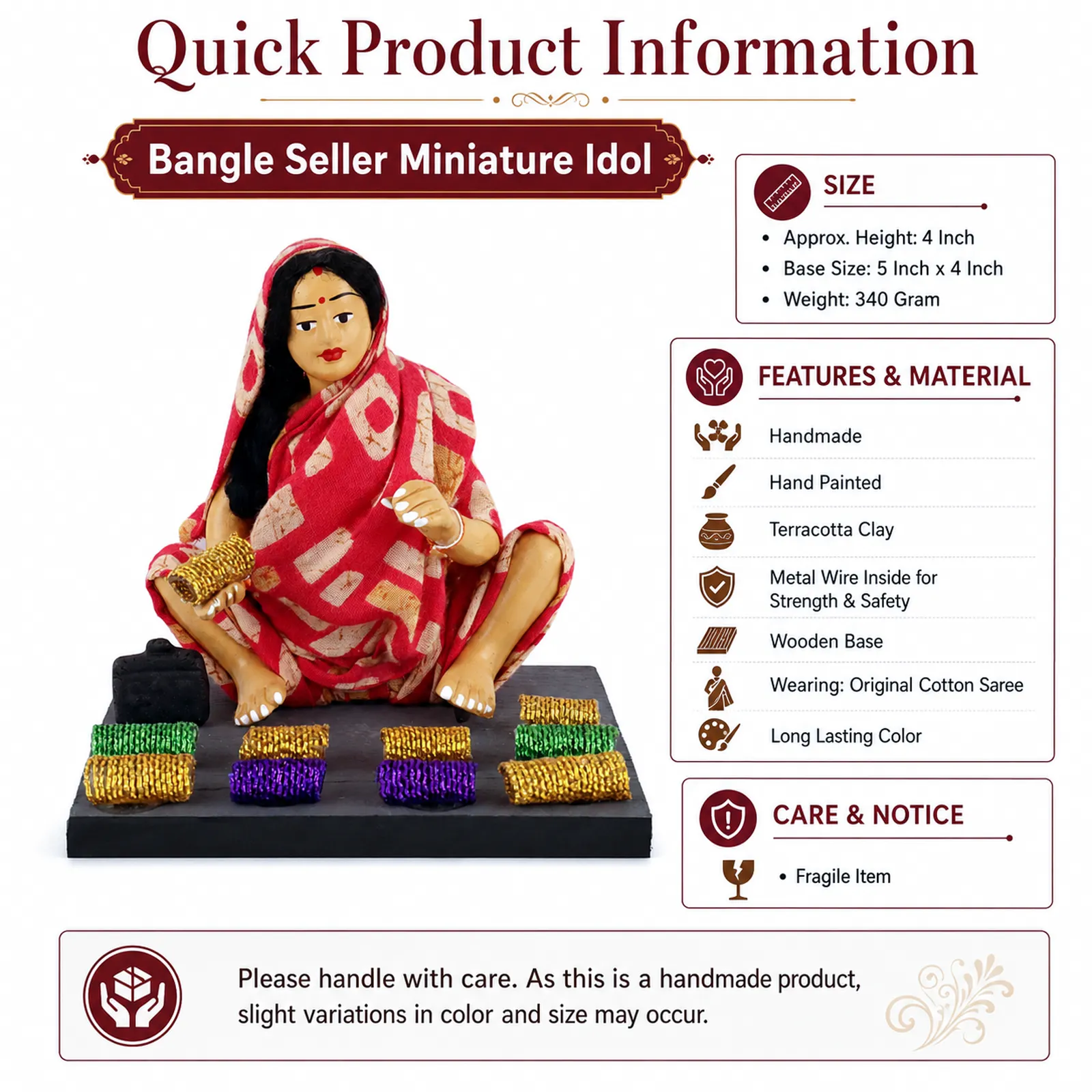 Bangle Seller - Woman - Handmade Terracotta Clay Figurine | Basic Sitting Human Figure Idol
