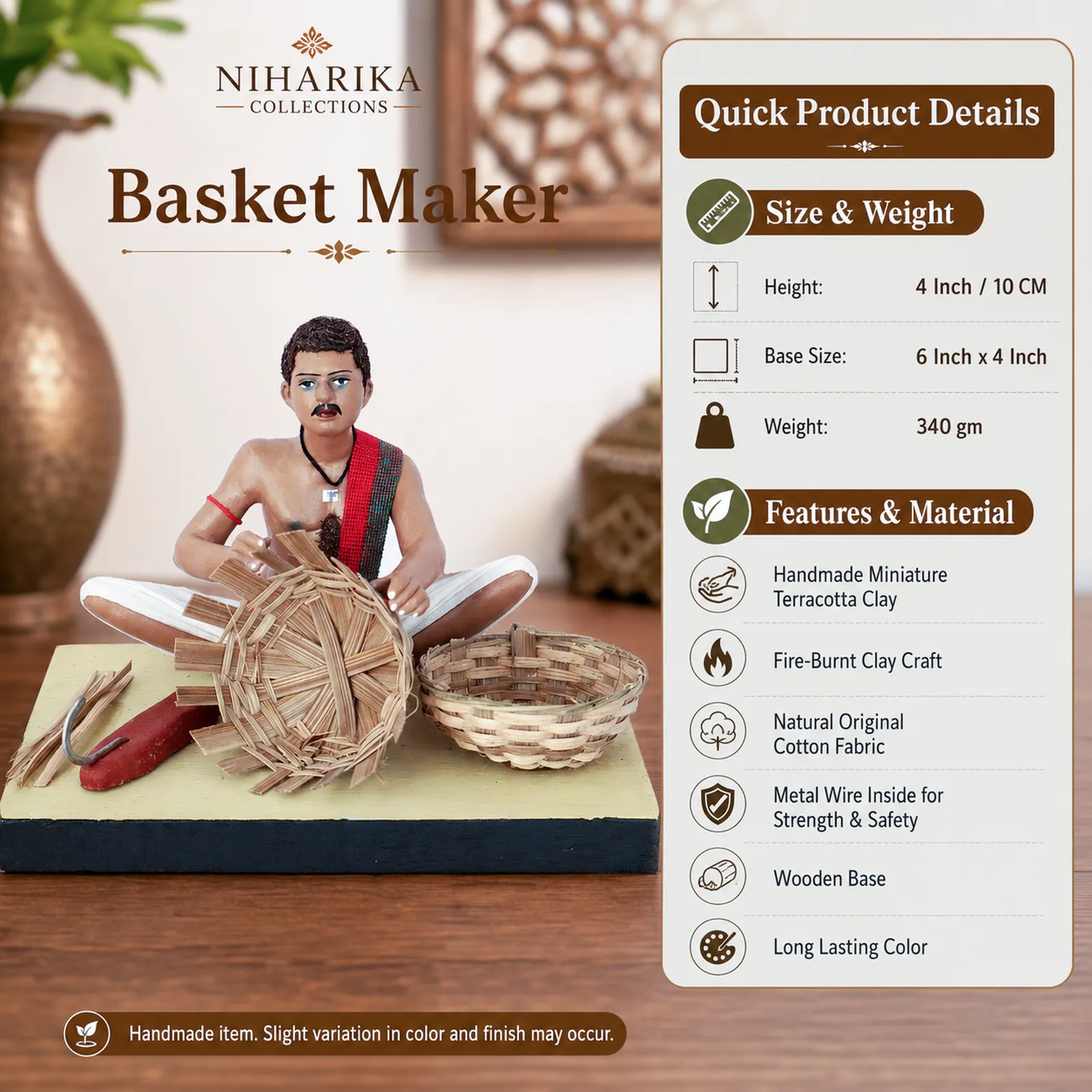 Basket Maker - Handmade Terracotta Clay Figurine | Standard Sitting Human Figure Idol
