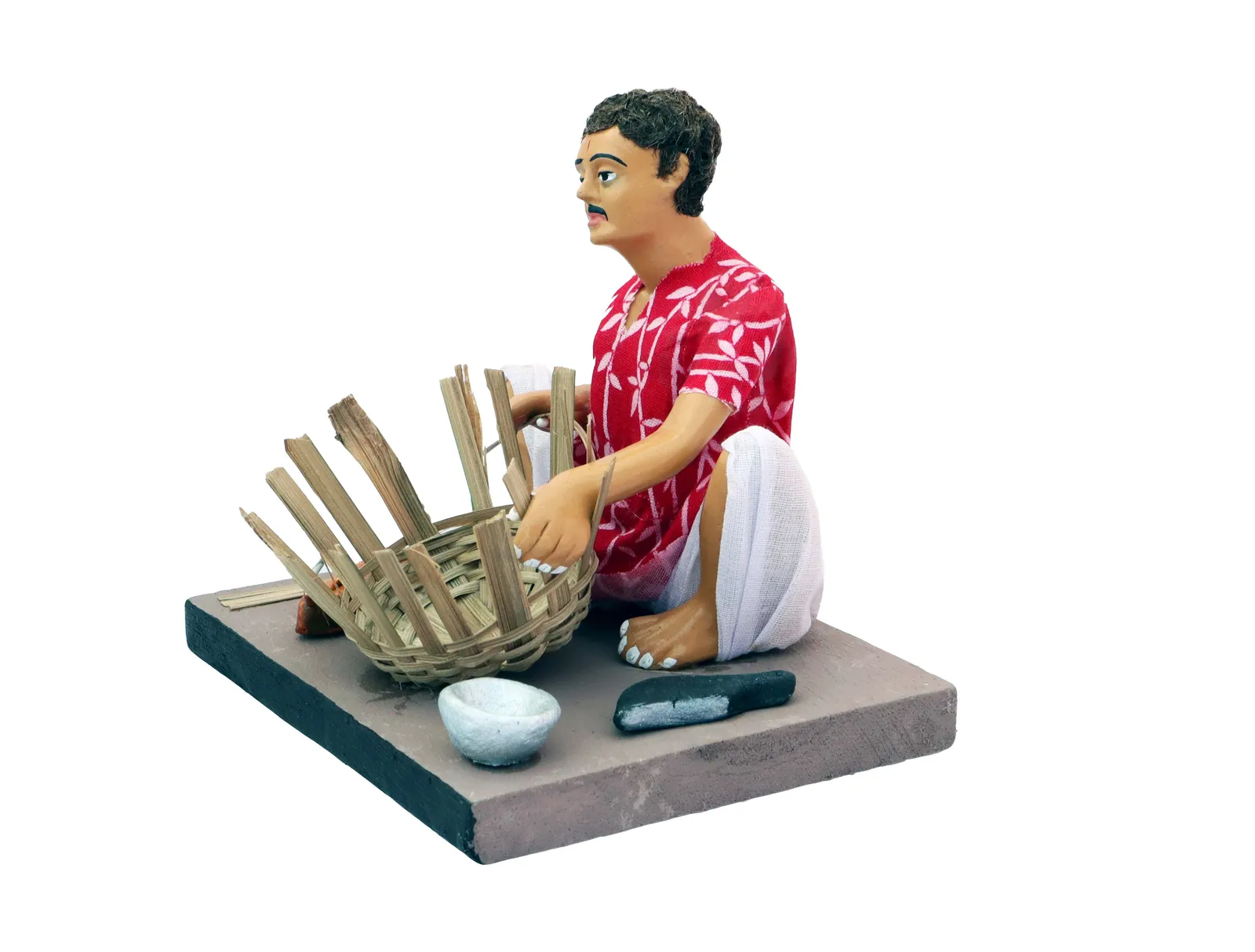 Basket Maker - Man - Handmade Terracotta Clay Figurine | Basic Sitting Human Figure Idol