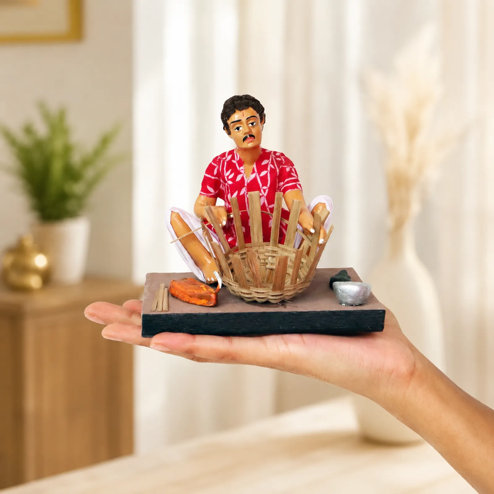 Basket Maker - Man - Handmade Terracotta Clay Figurine | Basic Sitting Human Figure Idol