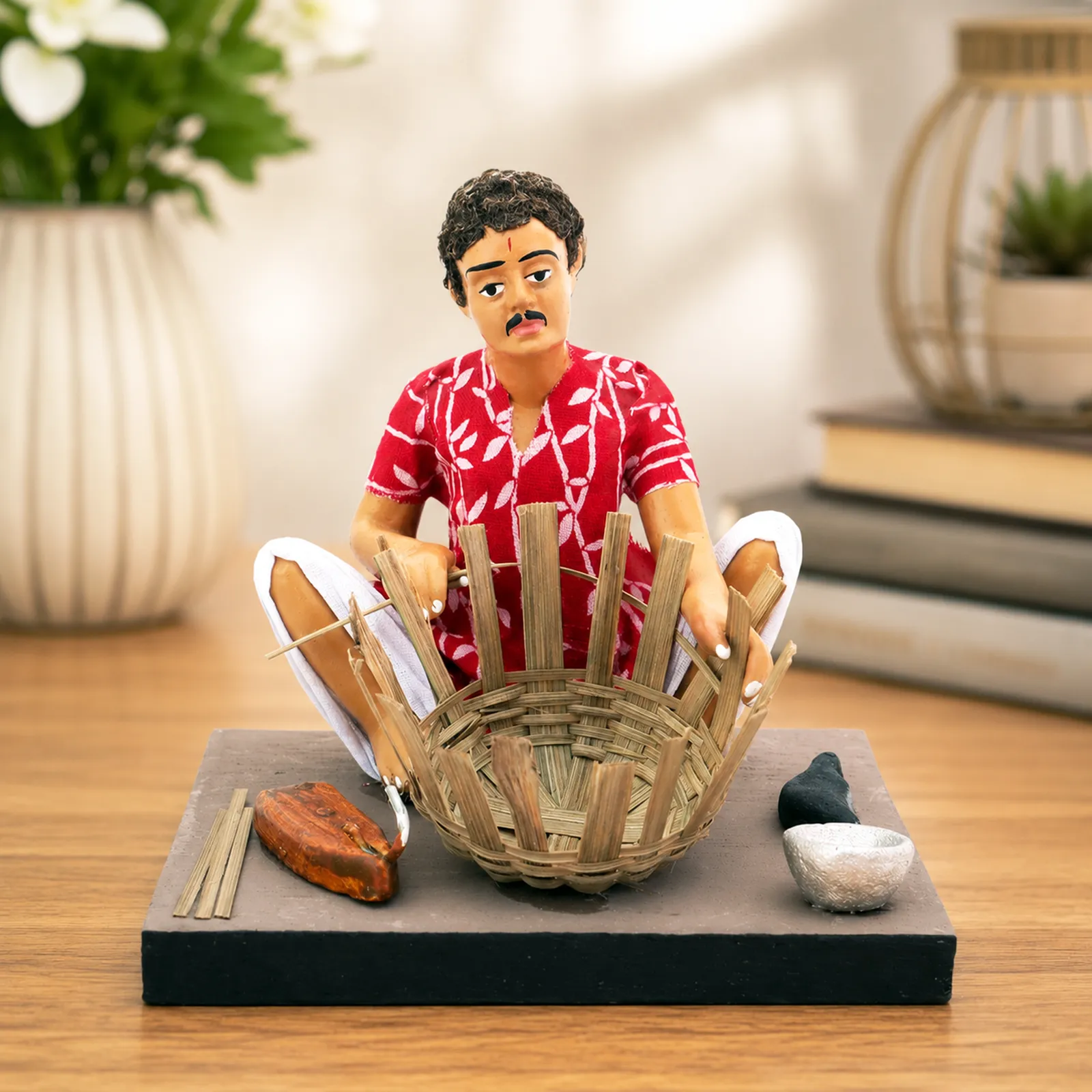 Basket Maker - Man - Handmade Terracotta Clay Figurine | Basic Sitting Human Figure Idol