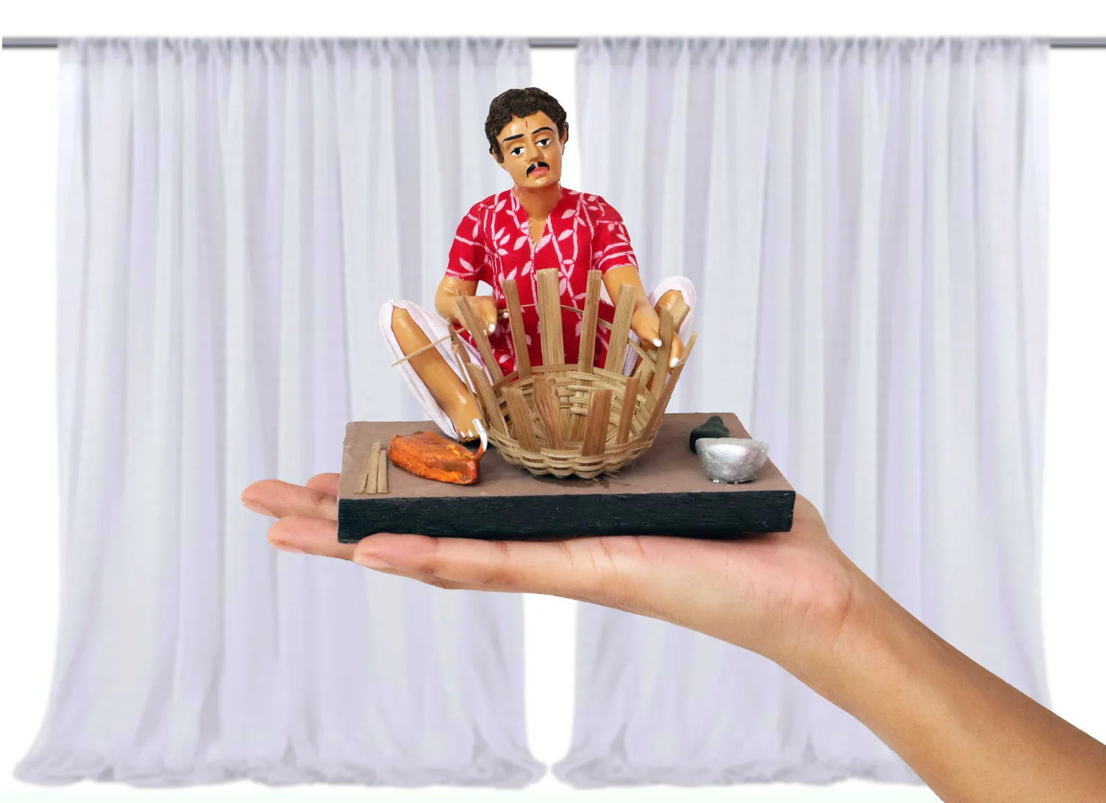 Basket Maker - Man - Handmade Terracotta Clay Figurine | Basic Sitting Human Figure Idol