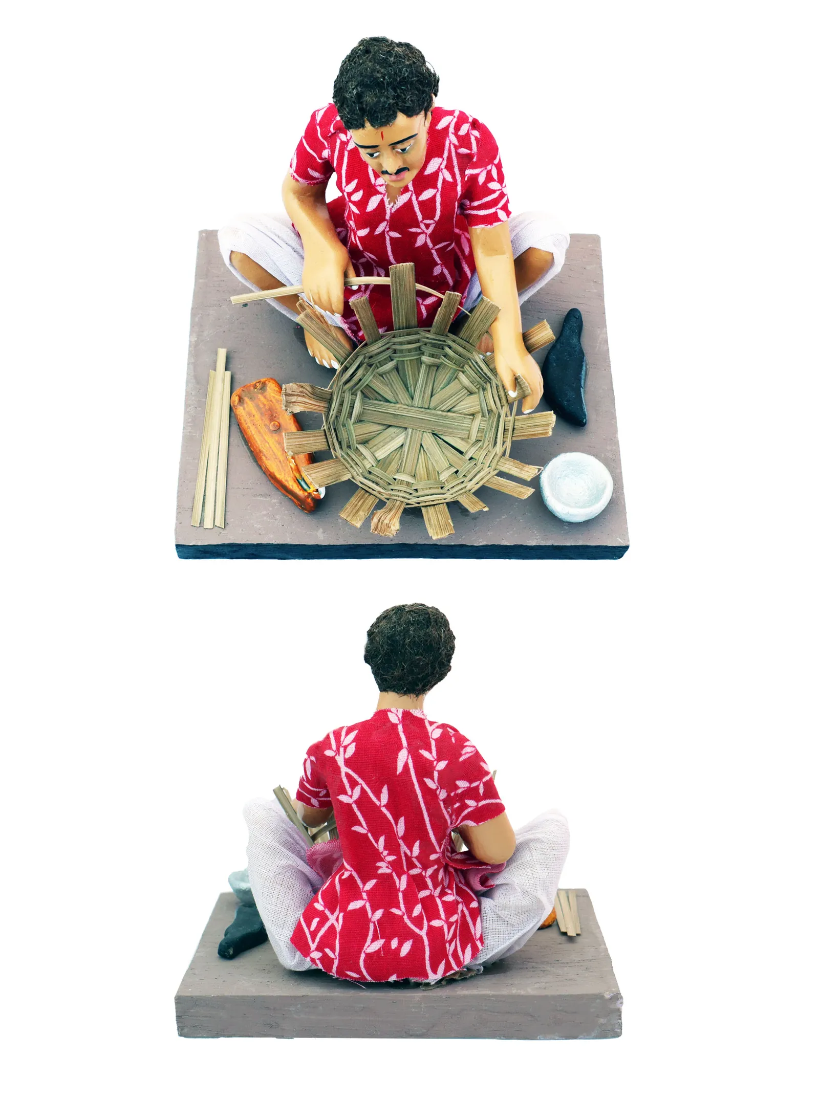 Basket Maker - Man - Handmade Terracotta Clay Figurine | Basic Sitting Human Figure Idol