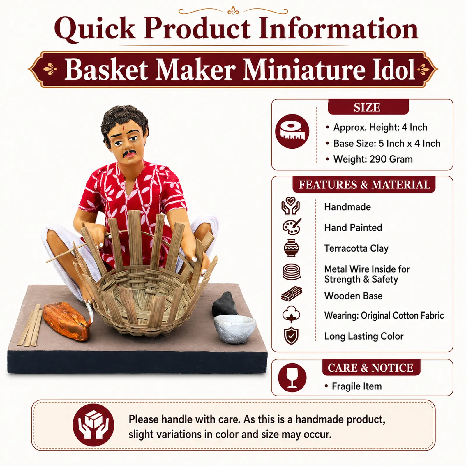 Basket Maker - Man - Handmade Terracotta Clay Figurine | Basic Sitting Human Figure Idol