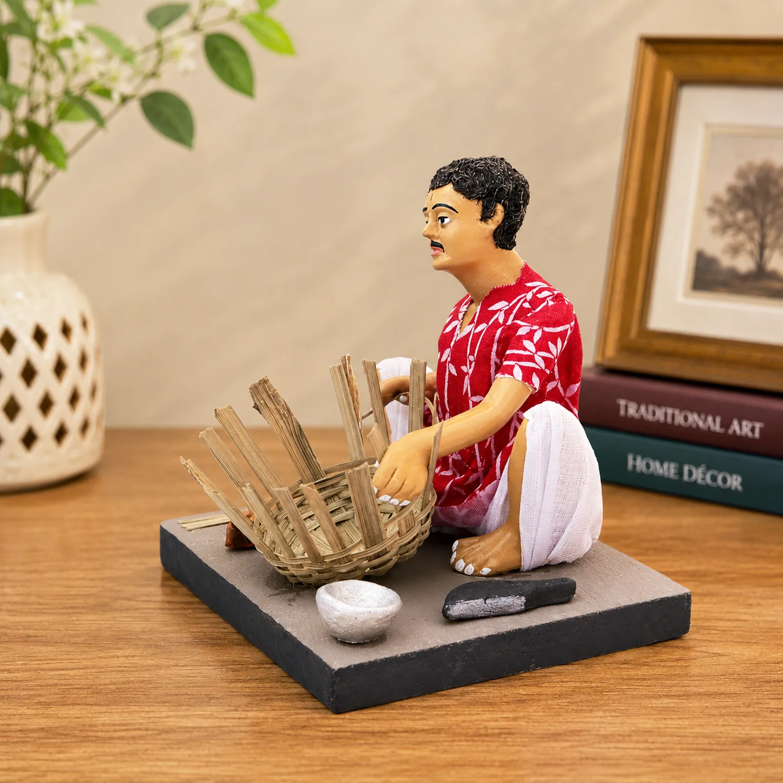 Basket Maker - Man - Handmade Terracotta Clay Figurine | Basic Sitting Human Figure Idol