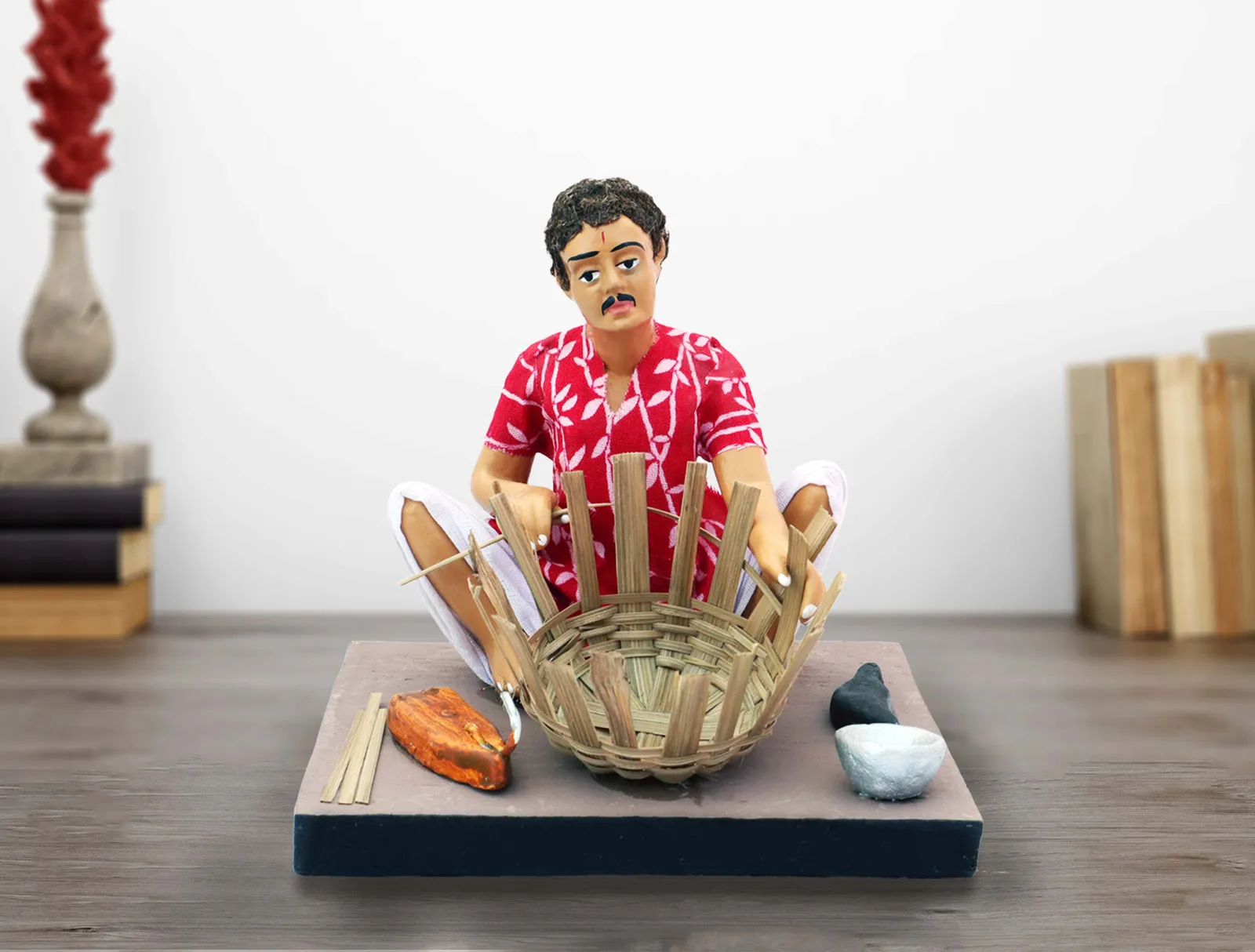 Basket Maker - Man - Handmade Terracotta Clay Figurine | Basic Sitting Human Figure Idol