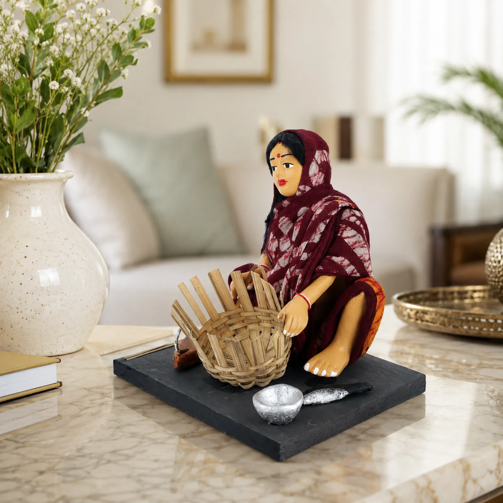 Basket Maker - Woman - Handmade Terracotta Clay Figurine | Basic Sitting Human Figure Idol