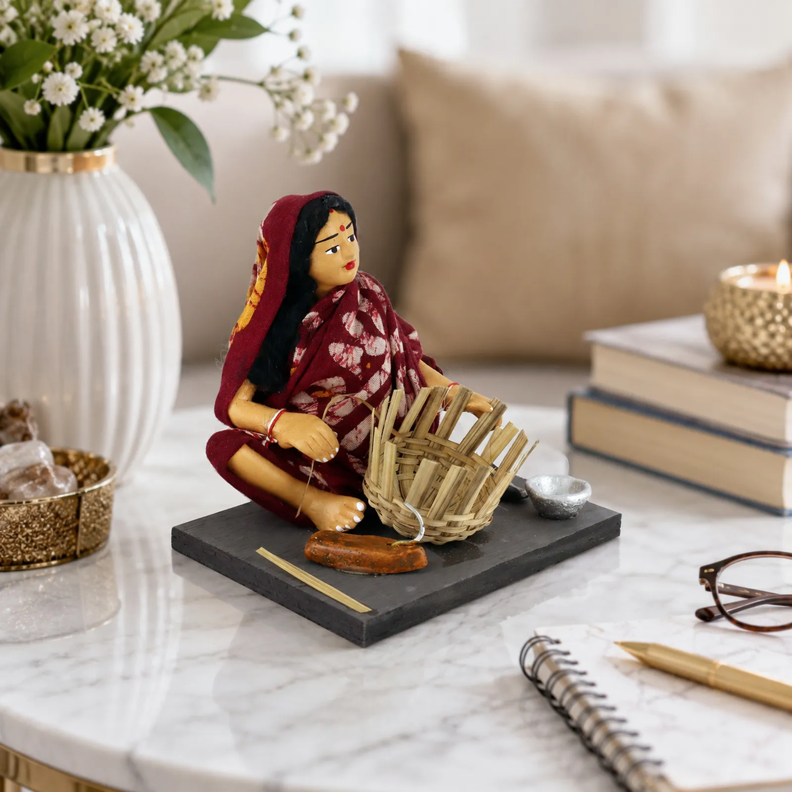Basket Maker - Woman - Handmade Terracotta Clay Figurine | Basic Sitting Human Figure Idol