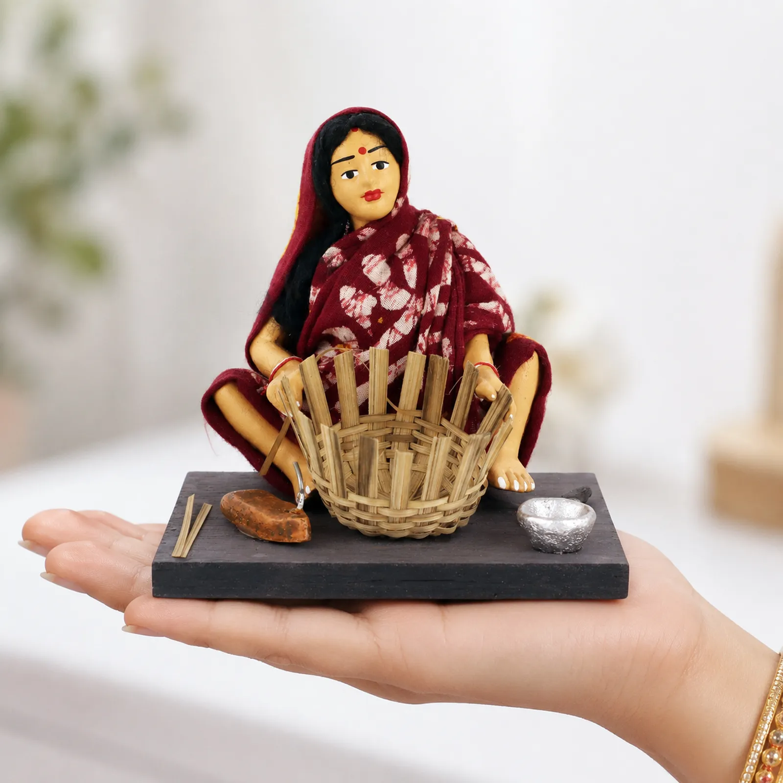 Basket Maker - Woman - Handmade Terracotta Clay Figurine | Basic Sitting Human Figure Idol