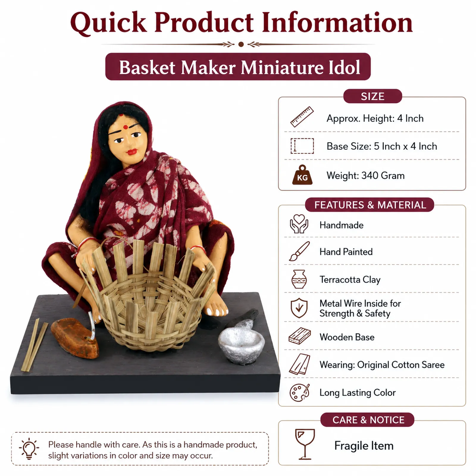 Basket Maker - Woman - Handmade Terracotta Clay Figurine | Basic Sitting Human Figure Idol
