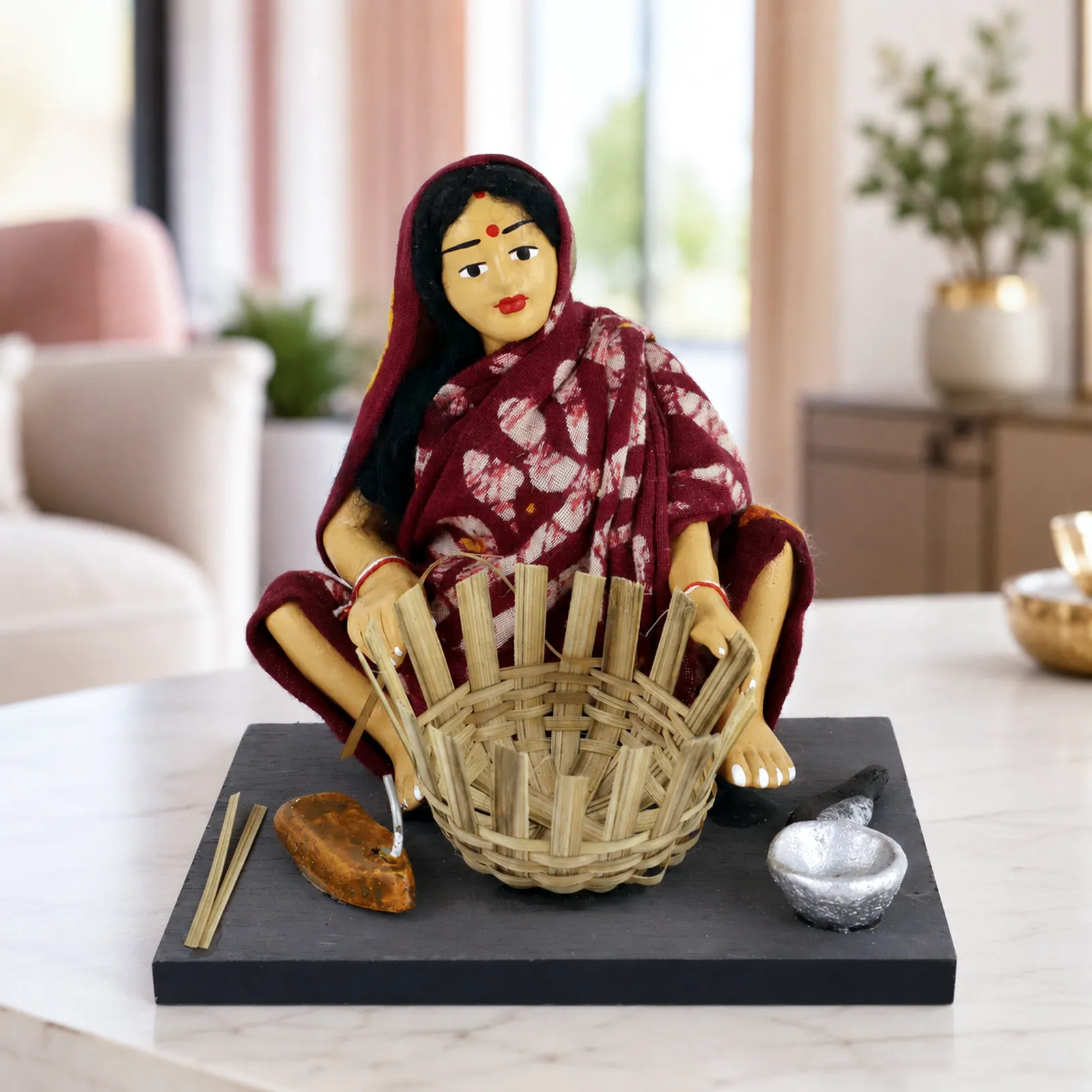 Basket Maker - Woman - Handmade Terracotta Clay Figurine | Basic Sitting Human Figure Idol