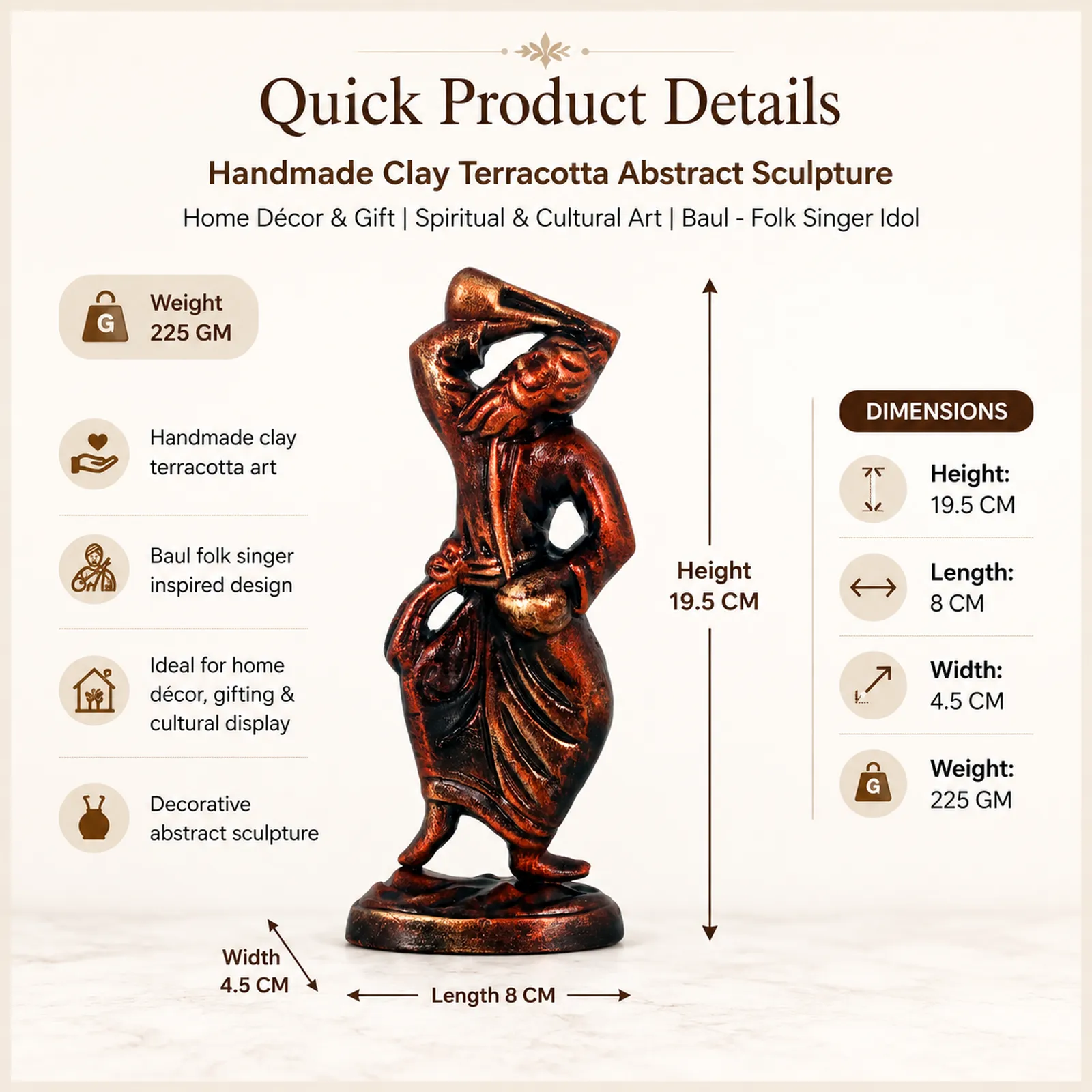 Baul - Folk Singer - Metallic Bronze | Handmade Terracotta Clay Figurine | Abstract Terracotta Showpieces